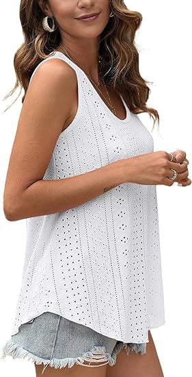 🎁Womens Tank Tops Sleeveless EyeletEmbroidery Scoop Neck Loose Fit Casual SummerFlowy