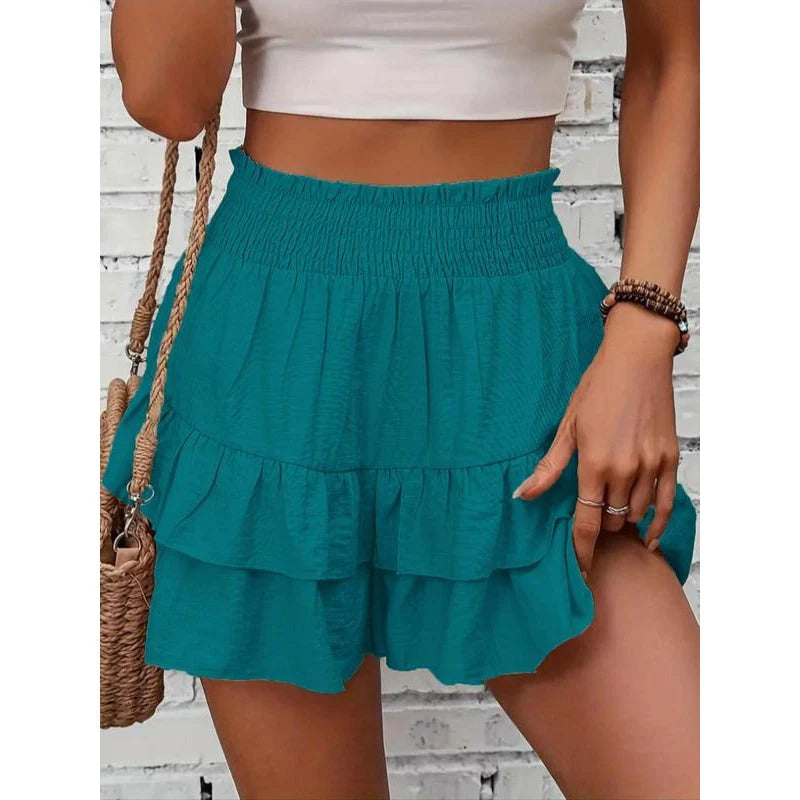1 High-Waist Ruffle Smocked Shorts – Lightweight Double-Layer Lounge Bottoms