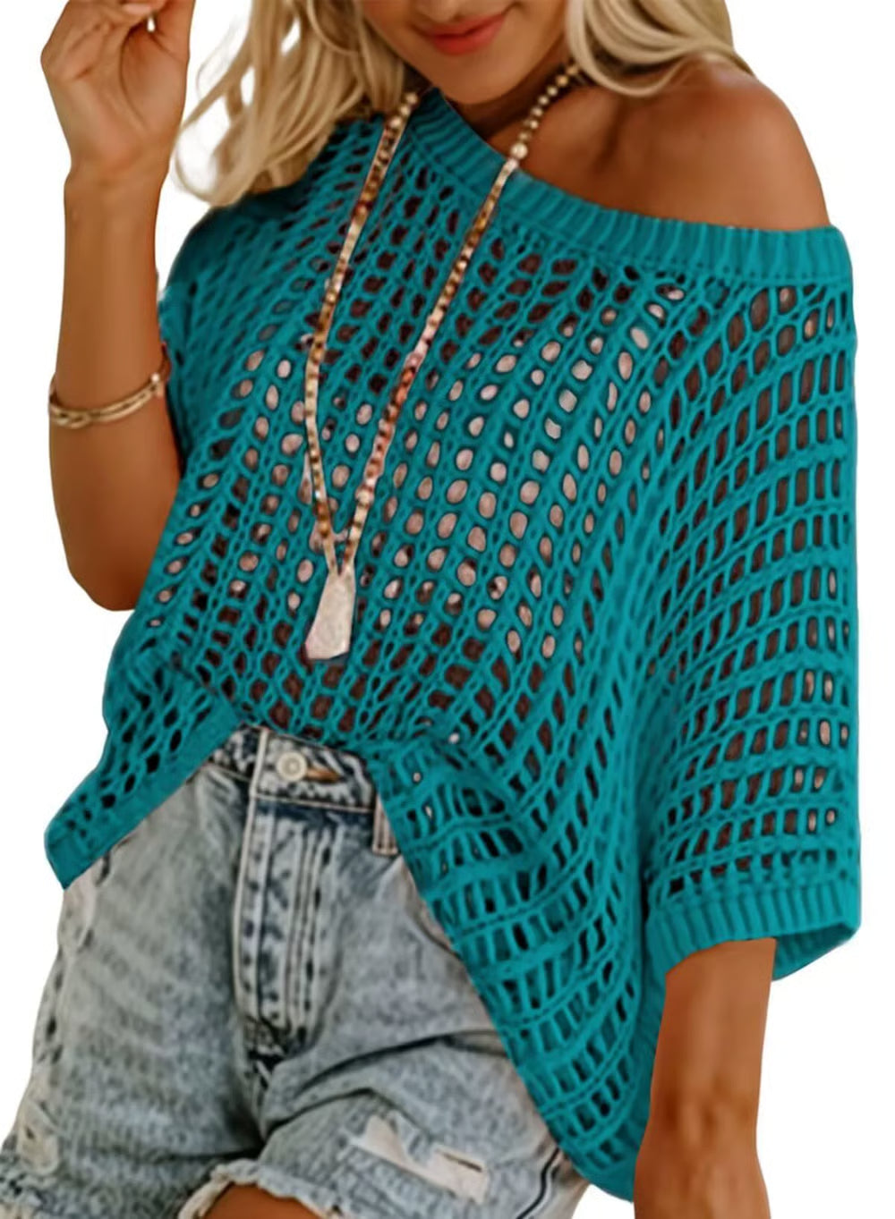 Huge 49% discount — 3 hours only!🎁Womens Summer Scoop Neck ShortSleeve Sweater Casual Crochet Hollow Out KnitTops