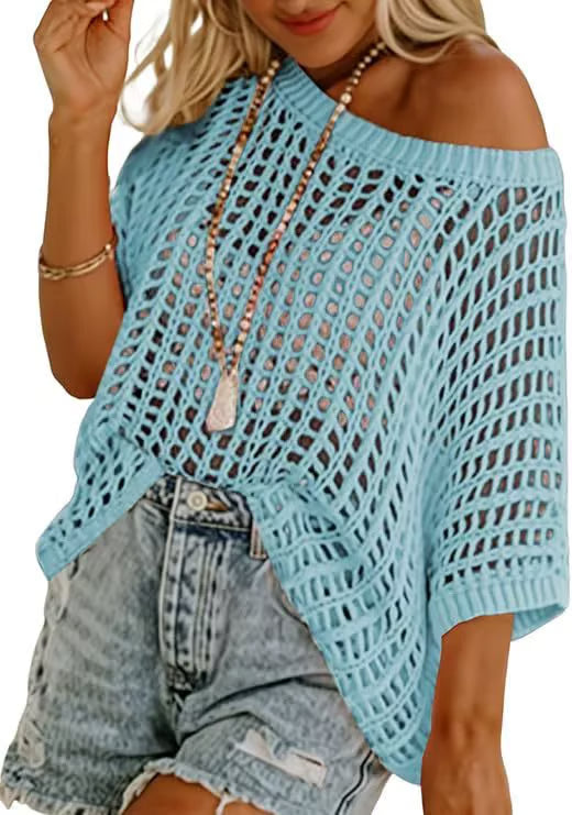 Huge 49% discount — 3 hours only!🎁Womens Summer Scoop Neck ShortSleeve Sweater Casual Crochet Hollow Out KnitTops