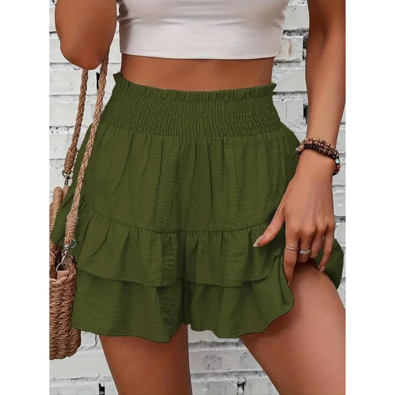 1 High-Waist Ruffle Smocked Shorts – Lightweight Double-Layer Lounge Bottoms