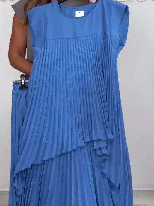 🔥time-limited discount 🔥Laney Pleated Short Sleeve Irregular Midi Top and Elastic Waist Wide Leg Pants Set