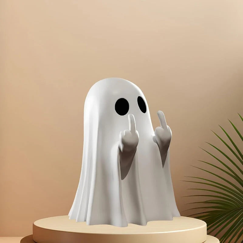 Mini Cute Ghost Statue with Middle Finger – Funny Halloween Desk Decor