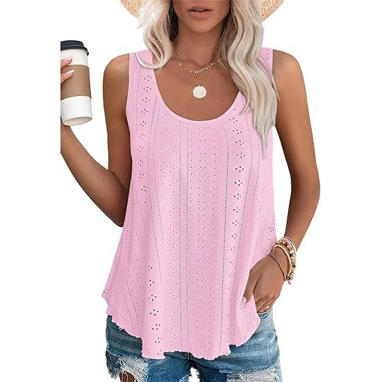 🎁Womens Tank Tops Sleeveless EyeletEmbroidery Scoop Neck Loose Fit Casual SummerFlowy