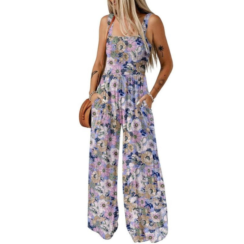Breezy Wide-Leg Jumpsuit with Square Neckline & Bold Prints