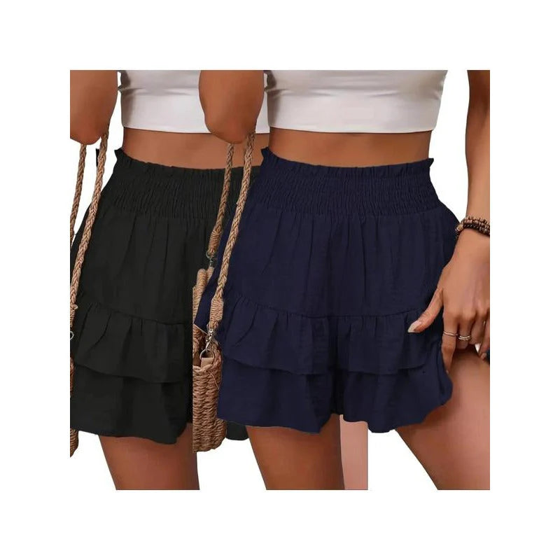 1 High-Waist Ruffle Smocked Shorts – Lightweight Double-Layer Lounge Bottoms
