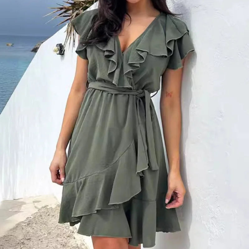 ❤️2025 New Products❤️Women's Elegant Waist Tie V-Neck Ruffle Dress