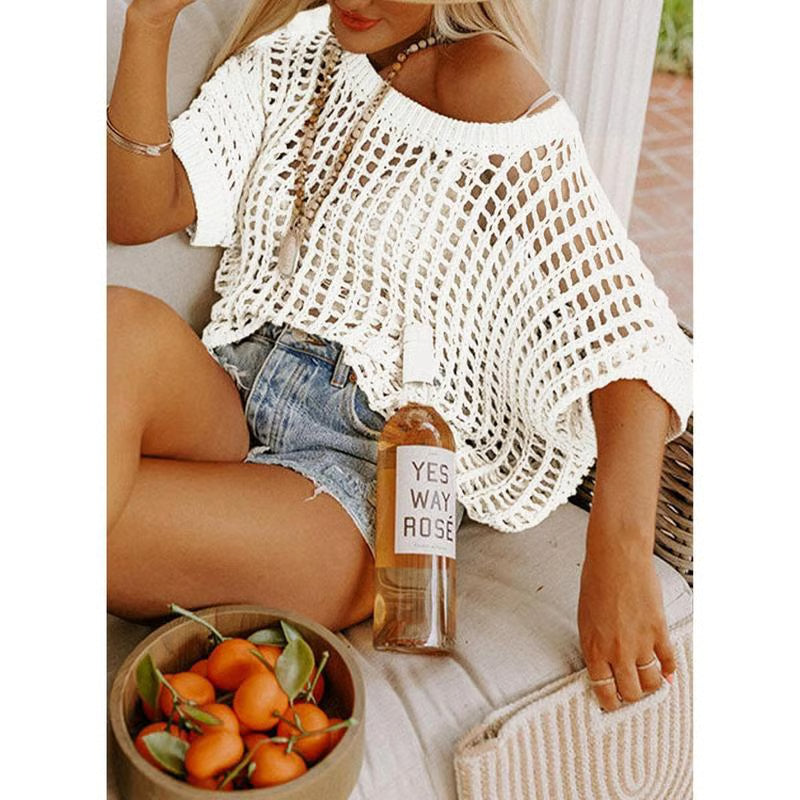 Huge 49% discount — 3 hours only!🎁Womens Summer Scoop Neck ShortSleeve Sweater Casual Crochet Hollow Out KnitTops