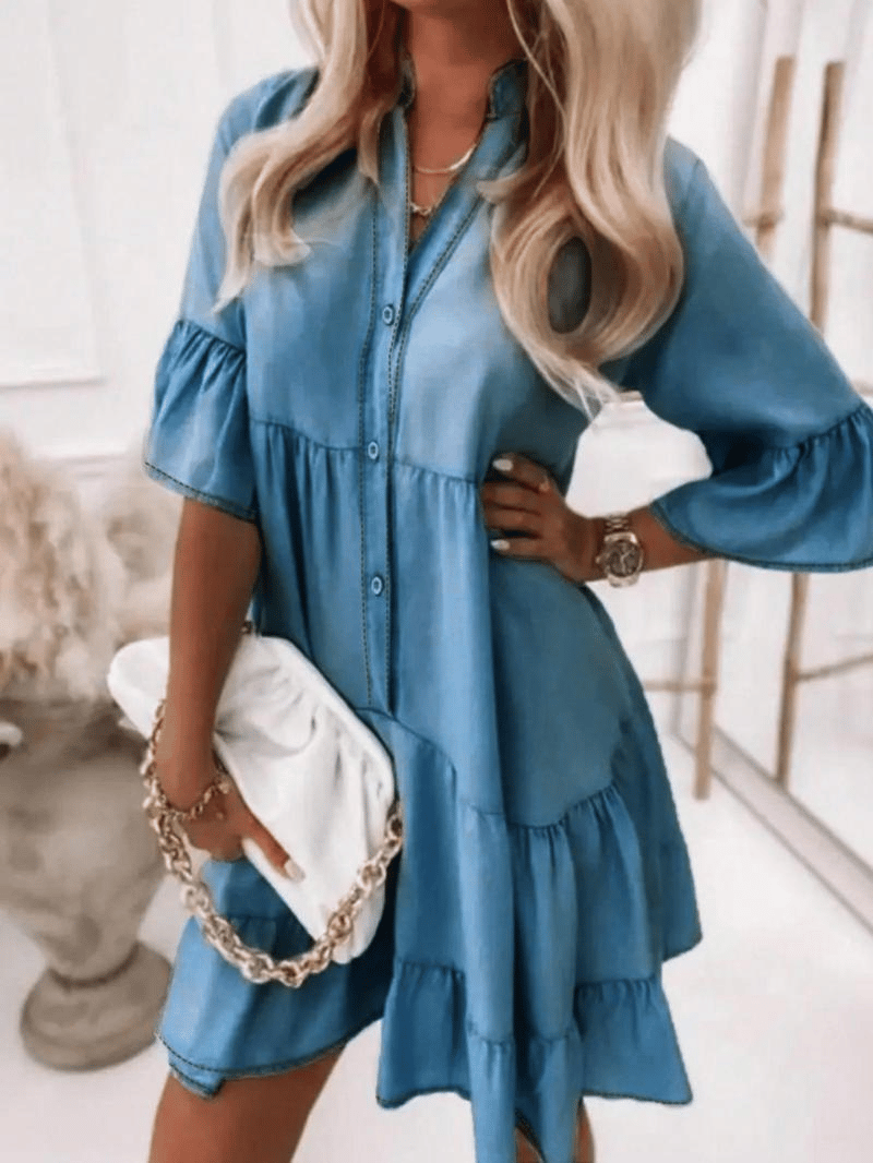 πV-Neck Ruffle Trim Summer Dress β Lightweight Denim Look