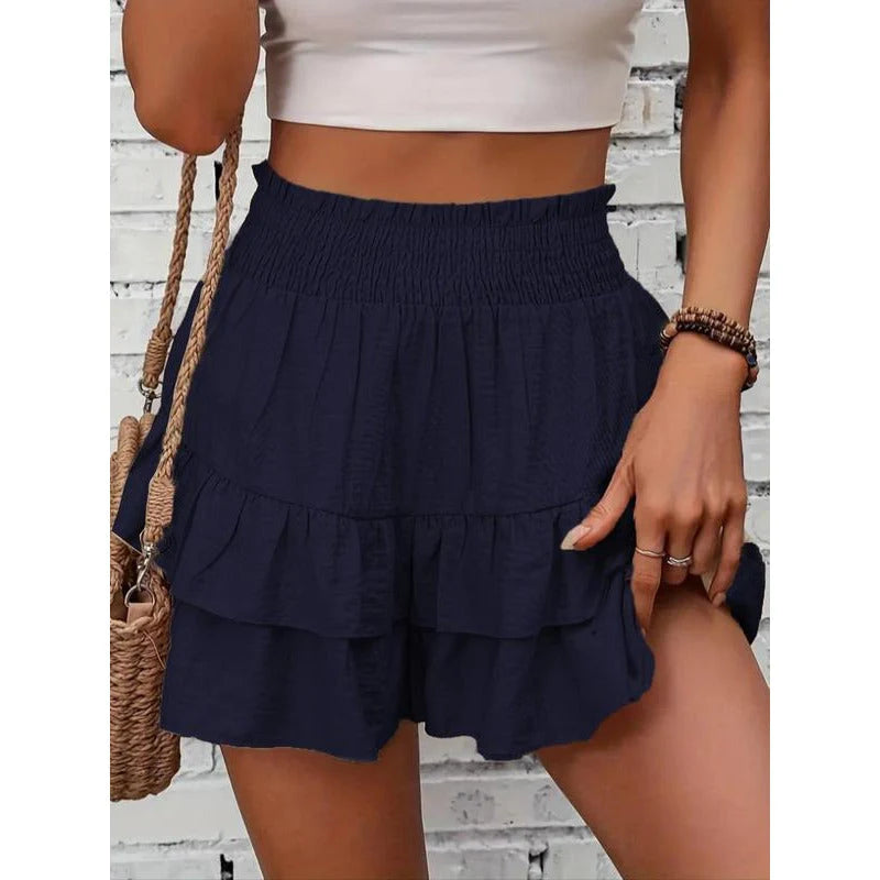 1 High-Waist Ruffle Smocked Shorts – Lightweight Double-Layer Lounge Bottoms