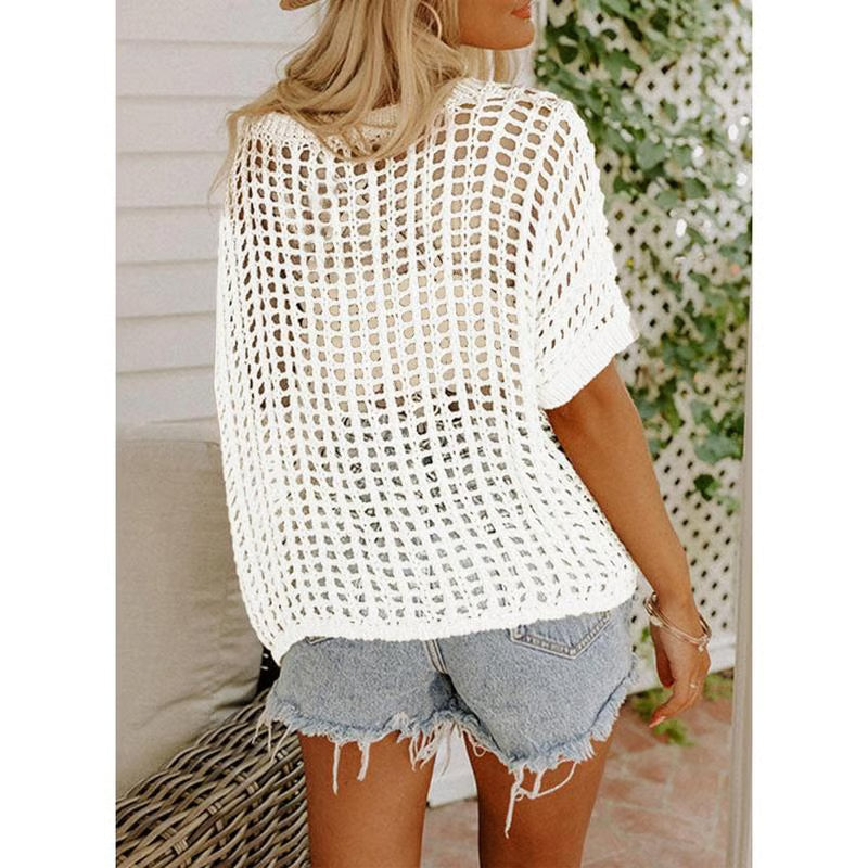 Huge 49% discount — 3 hours only!🎁Womens Summer Scoop Neck ShortSleeve Sweater Casual Crochet Hollow Out KnitTops