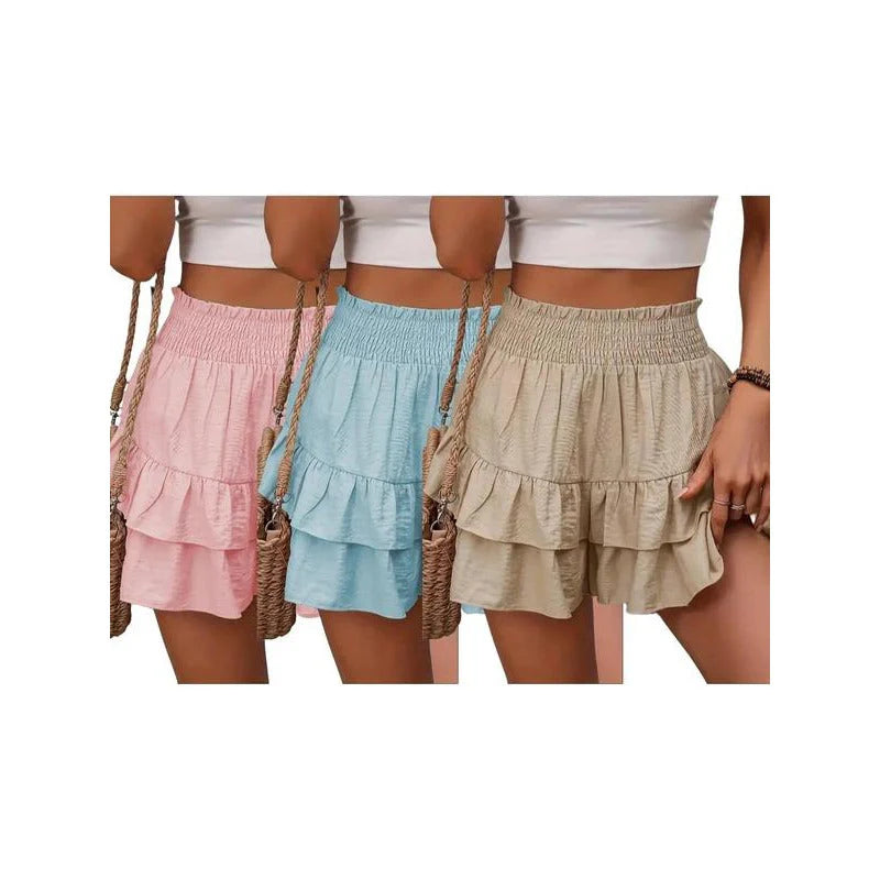 1 High-Waist Ruffle Smocked Shorts – Lightweight Double-Layer Lounge Bottoms