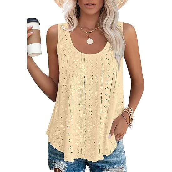 🎁Womens Tank Tops Sleeveless EyeletEmbroidery Scoop Neck Loose Fit Casual SummerFlowy