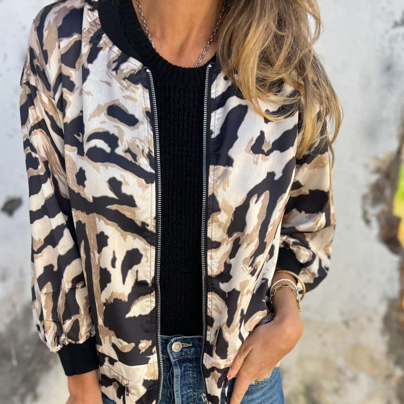 🔥Today 50% off🔥Women's Fall Zebra Print Zipper Bomber Jacket