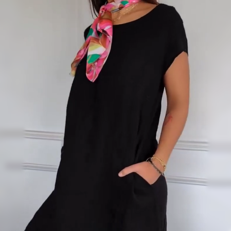 Women's Round Neck Short Sleeve Cotton Linen Dress