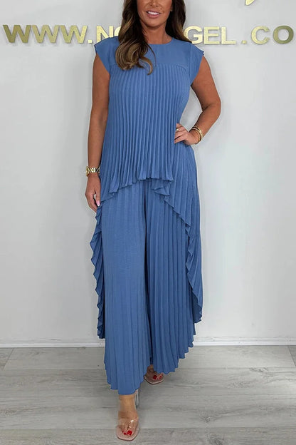 🔥time-limited discount 🔥Laney Pleated Short Sleeve Irregular Midi Top and Elastic Waist Wide Leg Pants Set