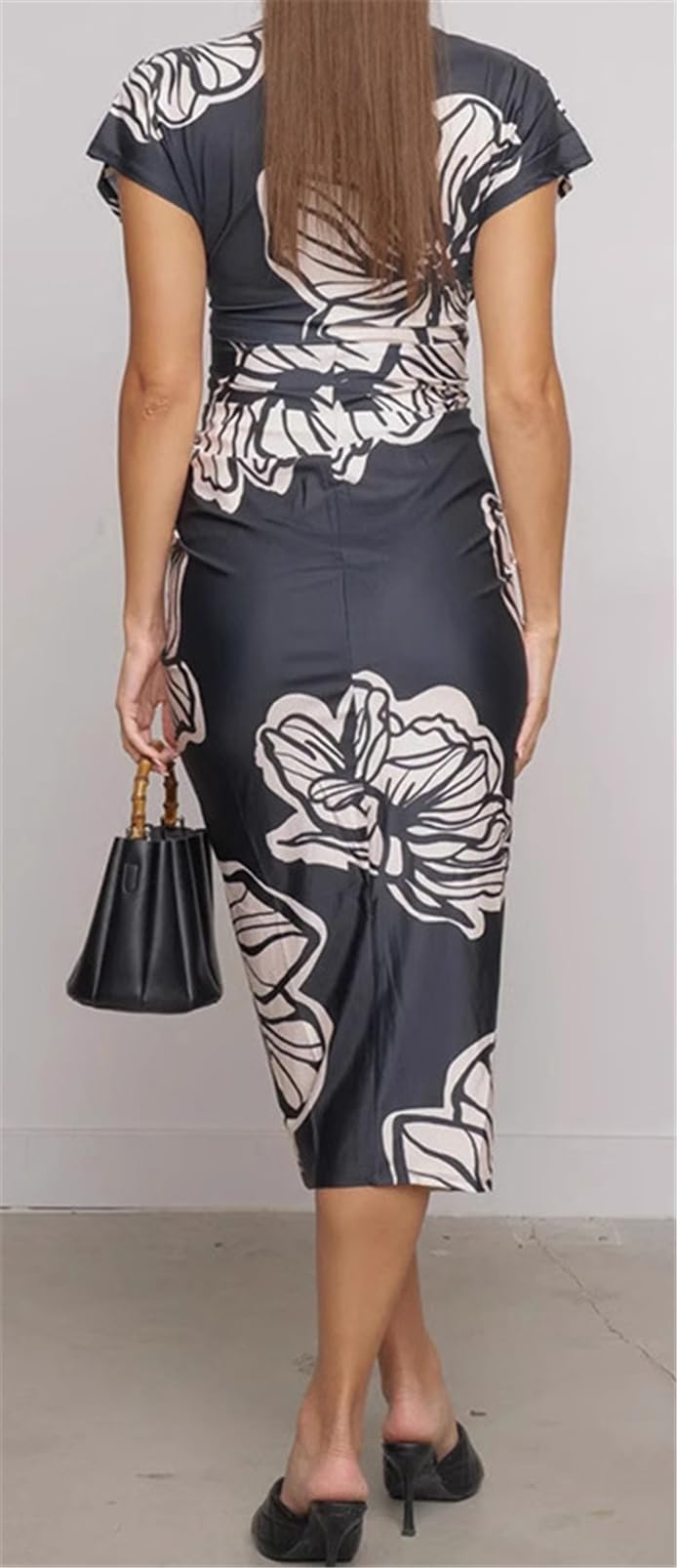 Plunge-Neck Ruched Midi Dress