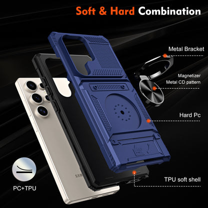 Magnetic Shockproof Phone Case with Ring Stand & Sliding Hidden Card Holder For Samsung S23/24/25 Series
