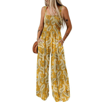 Breezy Wide-Leg Jumpsuit with Square Neckline & Bold Prints