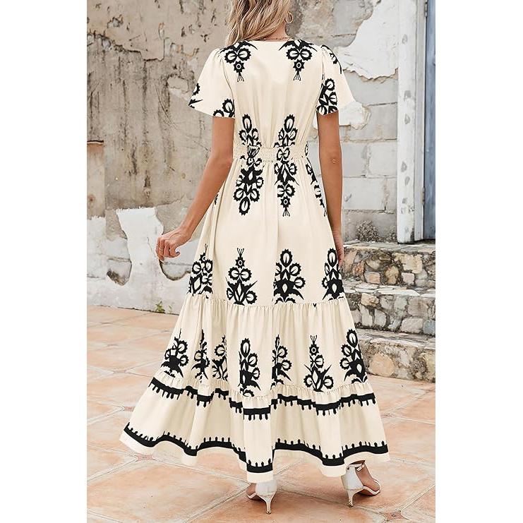 Boho Ruffle Maxi Dress with Pockets – V-Neck, Smocked Waist, and Tiered Skirt