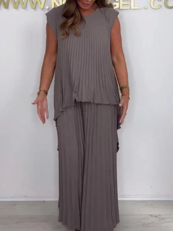 🔥time-limited discount 🔥Laney Pleated Short Sleeve Irregular Midi Top and Elastic Waist Wide Leg Pants Set