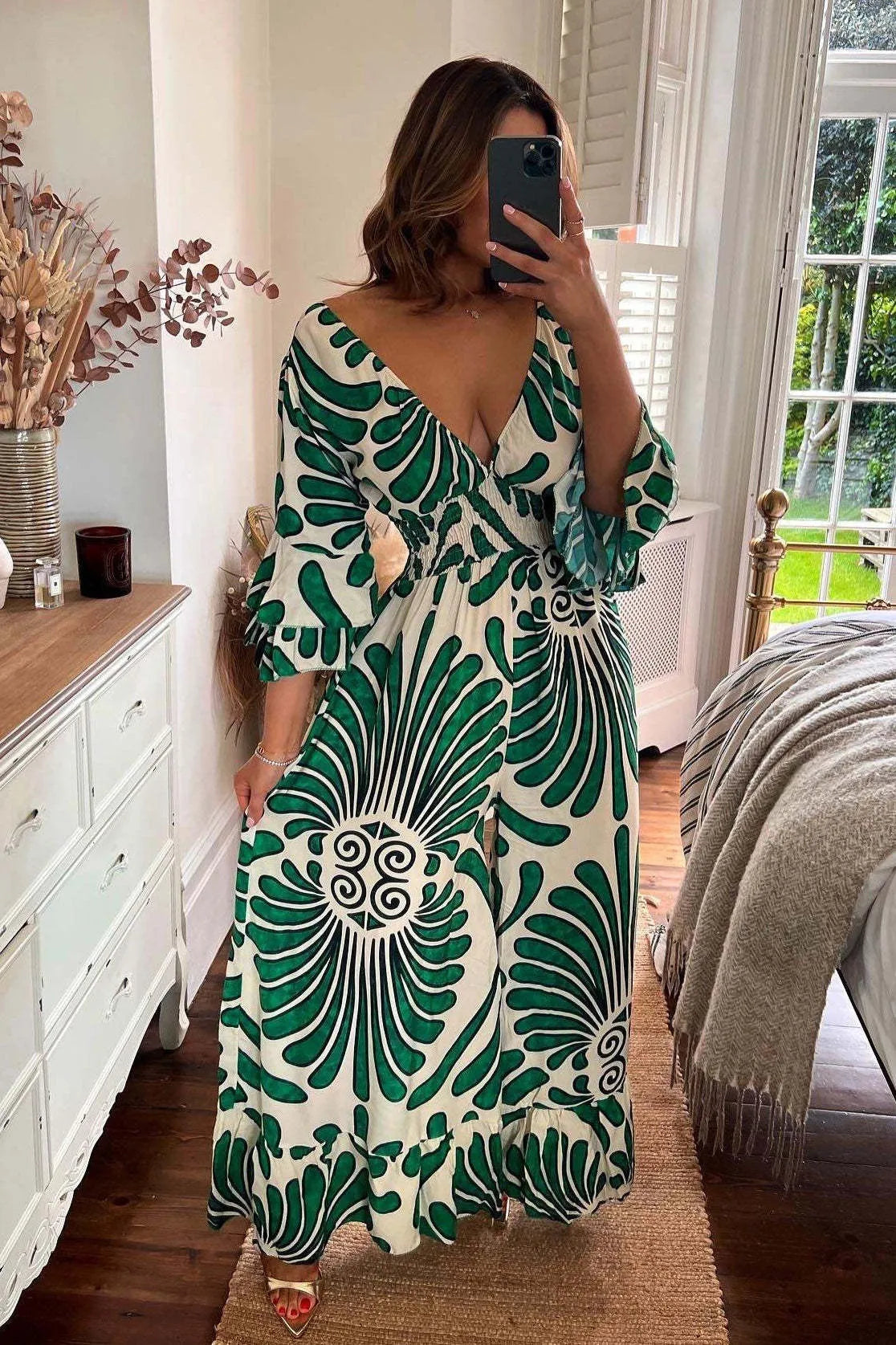 V-Neck Gathered Jumpsuit