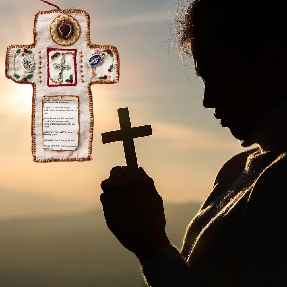 ✝️Handmade Stuitched Pocket Shrine With Silver Cross