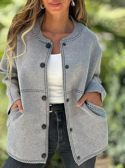 Round Neck Button Stripe Tops