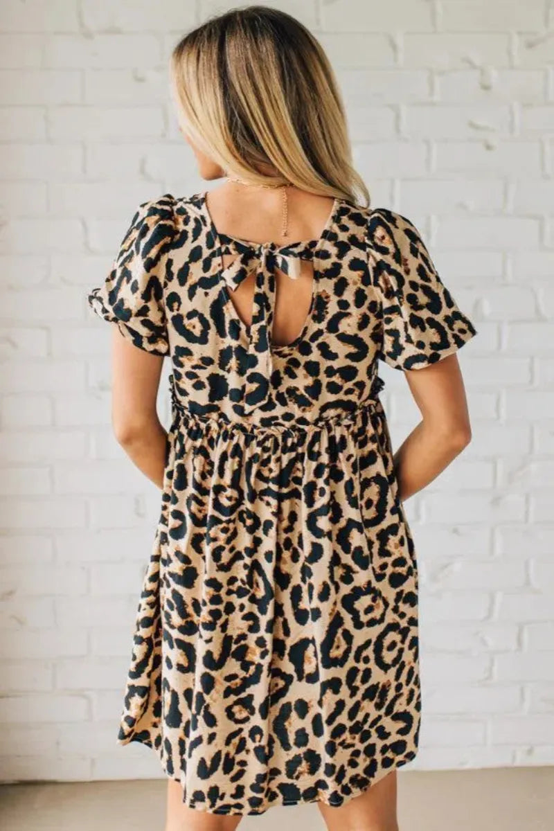 Leopard Tie Back Puff Sleeve Dress