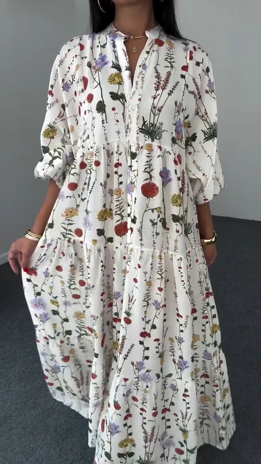 Ladies Round Neck Printed Patchwork Casual Dress