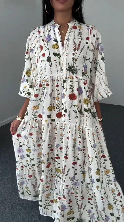 Ladies Round Neck Printed Patchwork Casual Dress