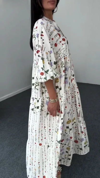 Ladies Round Neck Printed Patchwork Casual Dress