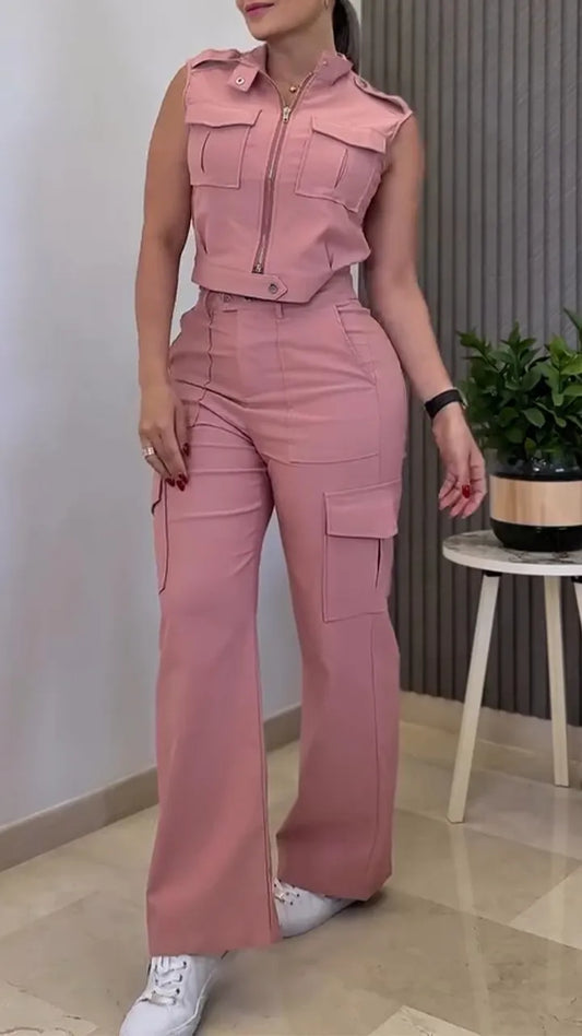 Women Round Neck Zipper Splicing Top + Pants Casual Suit