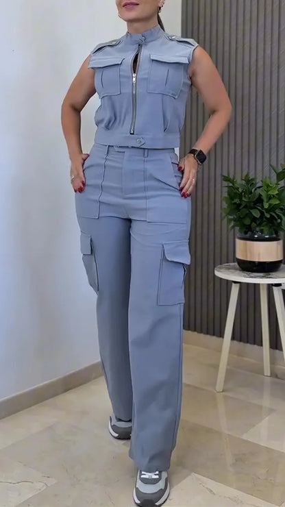 Women Round Neck Zipper Splicing Top + Pants Casual Suit