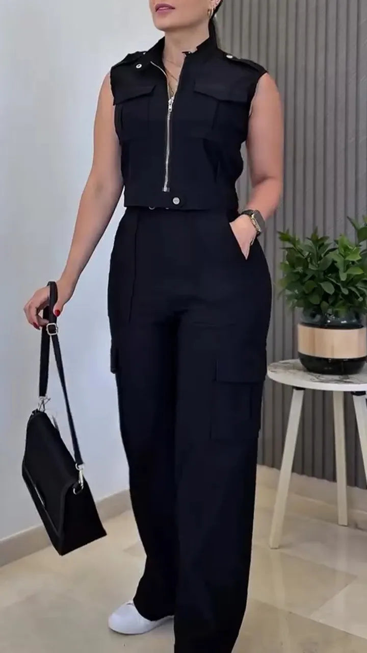 Women Round Neck Zipper Splicing Top + Pants Casual Suit