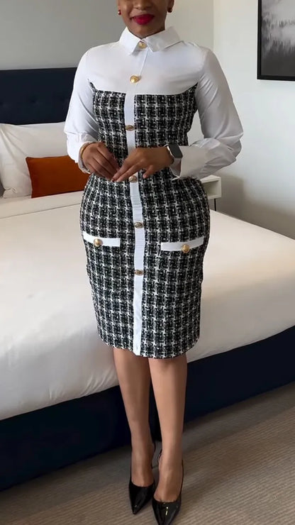 Womens Lapel Spliced and Breasted Elegant Casual Dress