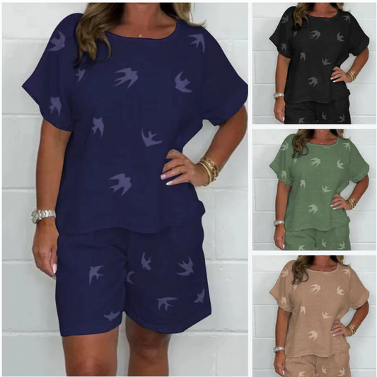 Casual Printed Cotton-Linen Short Sleeve Shorts Set