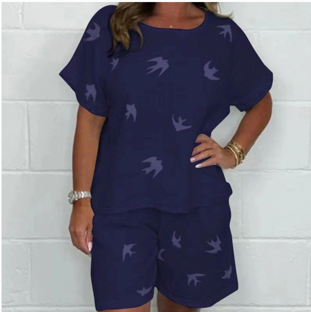 Casual Printed Cotton-Linen Short Sleeve Shorts Set