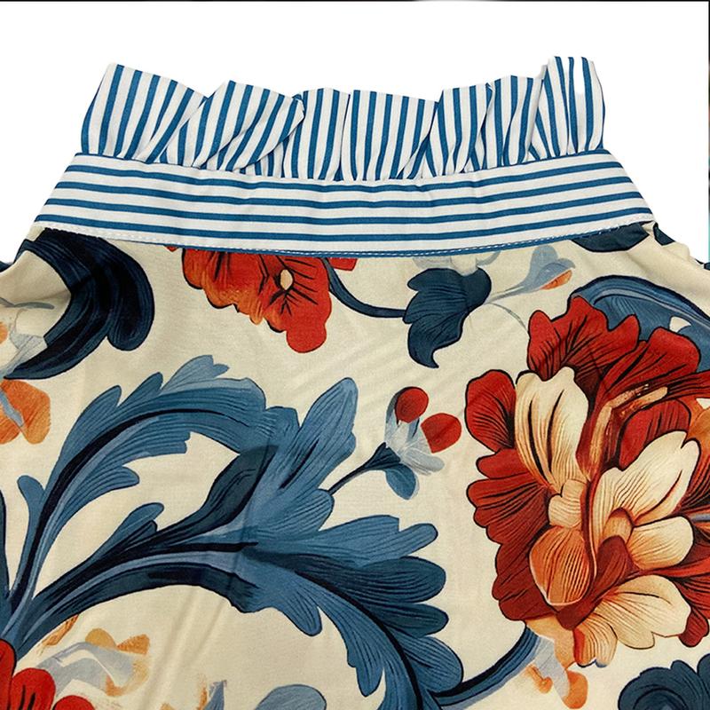 Baroque Floral Satin Blouse – Bold Print with Striped Ruffle Details