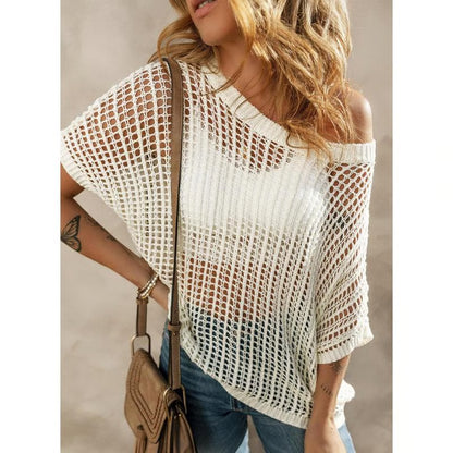 Huge 49% discount — 3 hours only!🎁Womens Summer Scoop Neck ShortSleeve Sweater Casual Crochet Hollow Out KnitTops