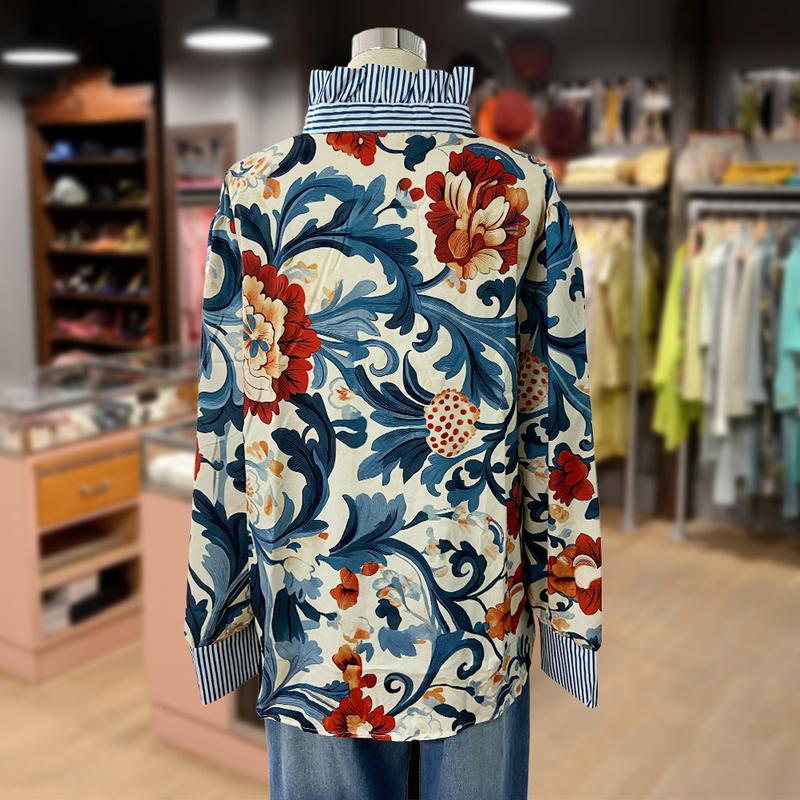 Baroque Floral Satin Blouse – Bold Print with Striped Ruffle Details