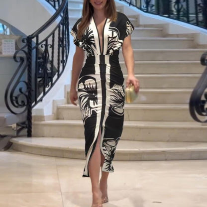 Plunge-Neck Ruched Midi Dress