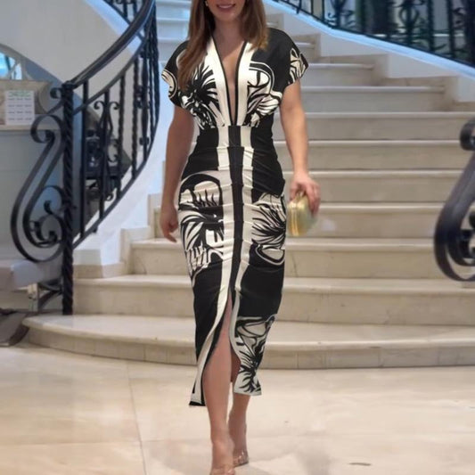 Plunge-Neck Ruched Midi Dress