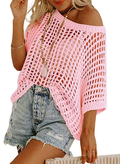 Huge 49% discount — 3 hours only!🎁Womens Summer Scoop Neck ShortSleeve Sweater Casual Crochet Hollow Out KnitTops